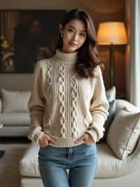 a woman wearing knitted sweater) in luxury villa living room, instagram photo, instagram, hourglass figure