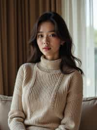 a woman wearing knitted sweater) in luxury villa living room, instagram photo, instagram, hourglass figure