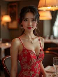 a woman wearing luxurious dress  in luxury restaurant, instagram photo, instagram, hourglass figure