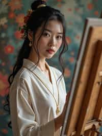 a woman as artistic painter in  art studio with wooden easel and paint