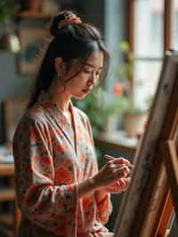 a woman as artistic painter in  art studio with wooden easel and paint