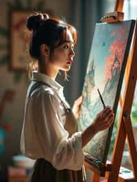 a woman as artistic painter in  art studio with wooden easel and paint