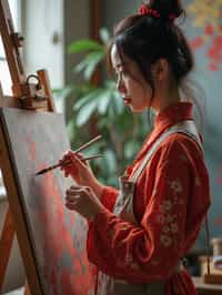 a woman as artistic painter in  art studio with wooden easel and paint