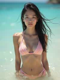 woman in skin tight bikini } in sea water on the beach, wet hair