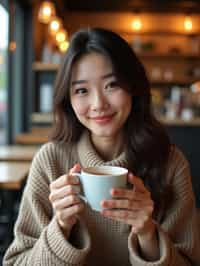 woman in a trendy café, holding a freshly brewed cup of coffee