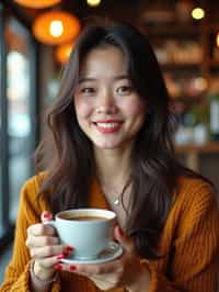 woman in a trendy café, holding a freshly brewed cup of coffee