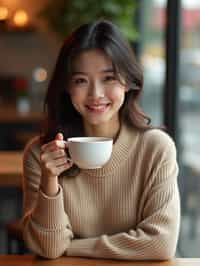 woman in a trendy café, holding a freshly brewed cup of coffee