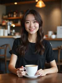 woman in a trendy café, holding a freshly brewed cup of coffee