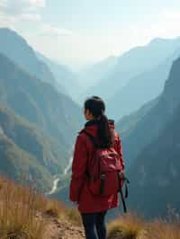 woman on a hiking trail, overlooking a breathtaking mountain landscape