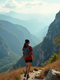 woman on a hiking trail, overlooking a breathtaking mountain landscape