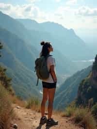 woman on a hiking trail, overlooking a breathtaking mountain landscape