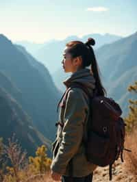 woman on a hiking trail, overlooking a breathtaking mountain landscape