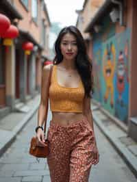 woman wearing a trendy outfit, walking down a street lined with colorful murals