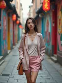 woman wearing a trendy outfit, walking down a street lined with colorful murals