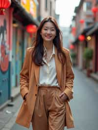 woman wearing a trendy outfit, walking down a street lined with colorful murals