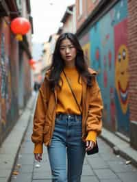 woman wearing a trendy outfit, walking down a street lined with colorful murals