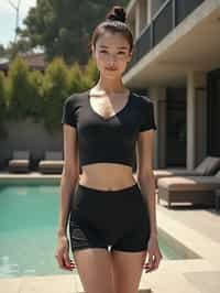 woman 90s hairbun wearing skintight skin tight (black yoga shorts) wearing a cropped top, feminine slim figure, wearing a cropped top a t-shirt, masculine figure, wearing a t-shirt, hourglass figure,  very woman, in front of luxury villa, black yoga shorts , sexy, beautiful, woman