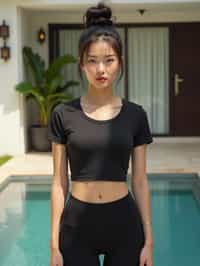 woman 90s hairbun wearing skintight skin tight (black yoga shorts) wearing a cropped top, feminine slim figure, wearing a cropped top a t-shirt, masculine figure, wearing a t-shirt, hourglass figure,  very woman, in front of luxury villa, black yoga shorts , sexy, beautiful, woman