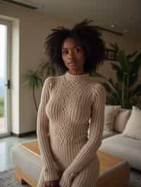 a woman wearing knitted sweater) in luxury villa living room, instagram photo, instagram, hourglass figure