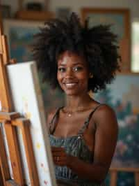 a woman as artistic painter in  art studio with wooden easel and paint