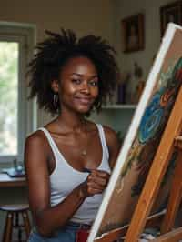 a woman as artistic painter in  art studio with wooden easel and paint