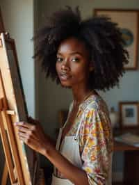 a woman as artistic painter in  art studio with wooden easel and paint