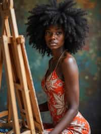 a woman as artistic painter in  art studio with wooden easel and paint