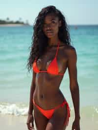 woman in skin tight bikini } in sea water on the beach, wet hair