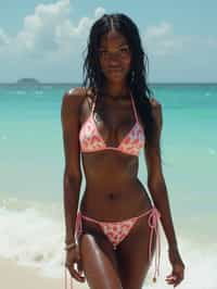 woman in skin tight bikini } in sea water on the beach, wet hair