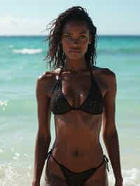 woman in skin tight bikini } in sea water on the beach, wet hair