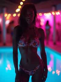 woman with hourglass figure,  in floral silk bikini  at pool party with neon lights