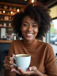 woman in a trendy café, holding a freshly brewed cup of coffee