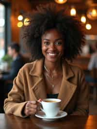 woman in a trendy café, holding a freshly brewed cup of coffee