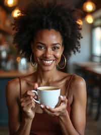 woman in a trendy café, holding a freshly brewed cup of coffee