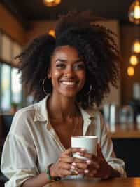 woman in a trendy café, holding a freshly brewed cup of coffee