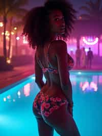 woman with hourglass figure,  in floral silk bikini  at pool party with neon lights