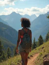 woman on a hiking trail, overlooking a breathtaking mountain landscape