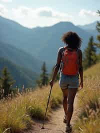 woman on a hiking trail, overlooking a breathtaking mountain landscape