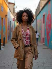 woman wearing a trendy outfit, walking down a street lined with colorful murals