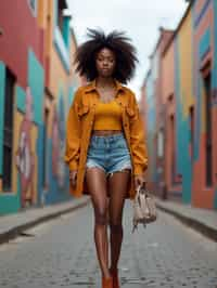 woman wearing a trendy outfit, walking down a street lined with colorful murals