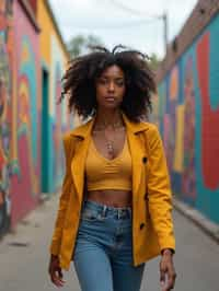 woman wearing a trendy outfit, walking down a street lined with colorful murals