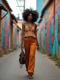 woman wearing a trendy outfit, walking down a street lined with colorful murals