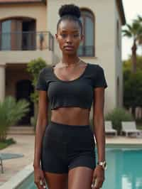 woman 90s hairbun wearing skintight skin tight (black yoga shorts) wearing a cropped top, feminine slim figure, wearing a cropped top a t-shirt, masculine figure, wearing a t-shirt, hourglass figure,  very woman, in front of luxury villa, black yoga shorts , sexy, beautiful, woman