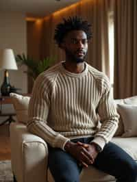 a man wearing knitted sweater) in luxury villa living room, instagram photo, instagram,  fit body