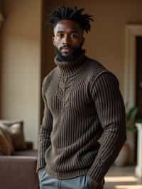 a man wearing knitted sweater) in luxury villa living room, instagram photo, instagram,  fit body