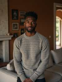 a man wearing knitted sweater) in luxury villa living room, instagram photo, instagram,  fit body