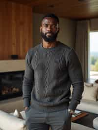 a man wearing knitted sweater) in luxury villa living room, instagram photo, instagram,  fit body