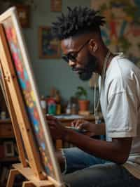 a man as artistic painter in  art studio with wooden easel and paint