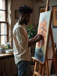 a man as artistic painter in  art studio with wooden easel and paint