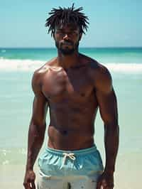 man in  swim shorts} in sea water on the beach, wet hair